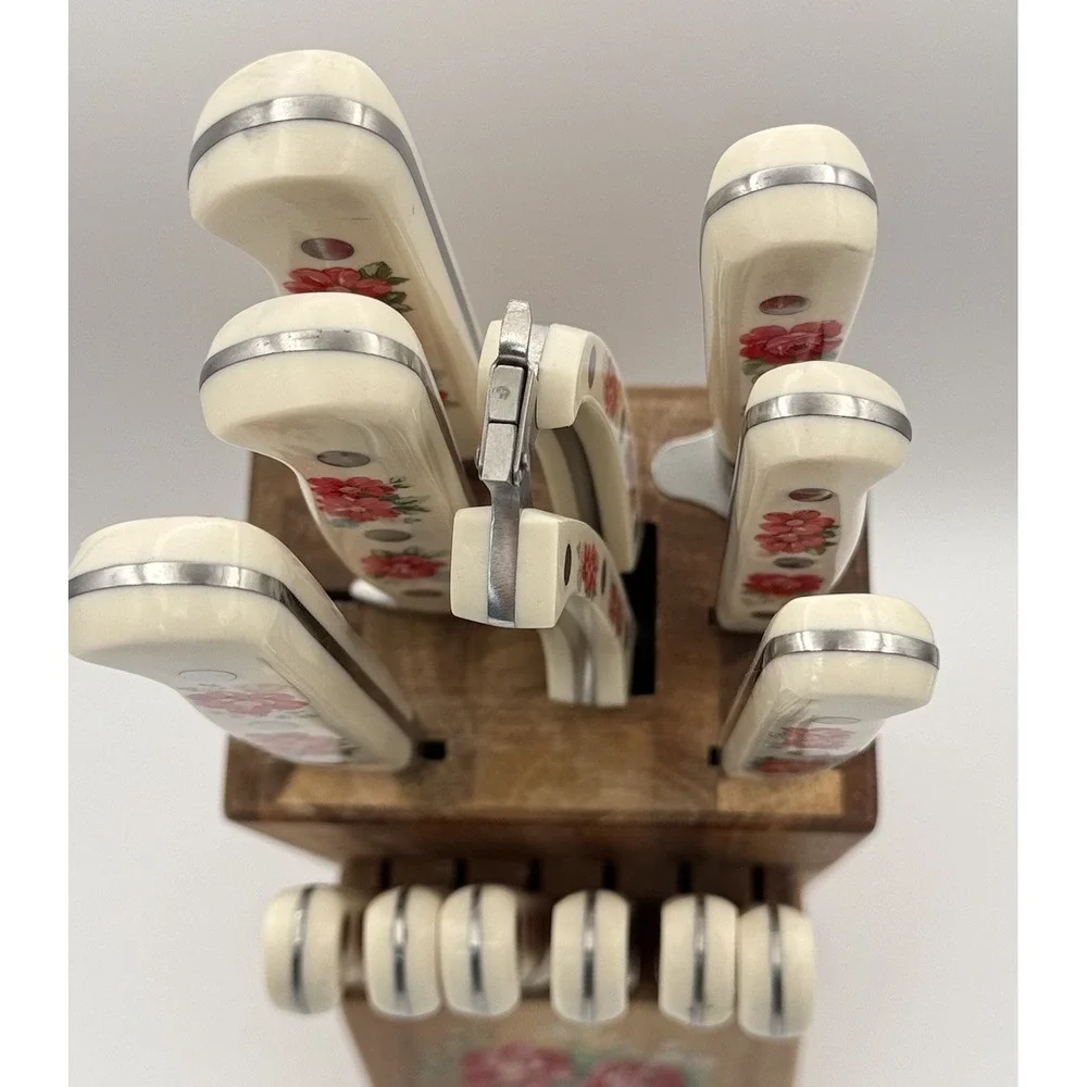 Vtg Pioneer Woman Floral 14-Piece Cutlery Kitchen Set Wood Block Retired #5617